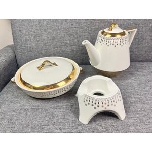 Vintage Hall China Flare-Ware Gold Starburst Teapot Warmer & Casserole Set MCM